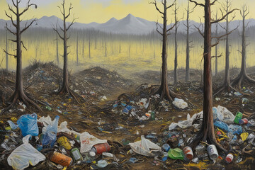 Forsaken landscape overrun by trash, eerie atmosphere in muted twilight hues.