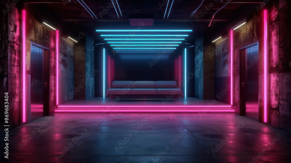 Poster a neon lit room with a couch and a staircase. the room is empty and the couch is the only piece of f
