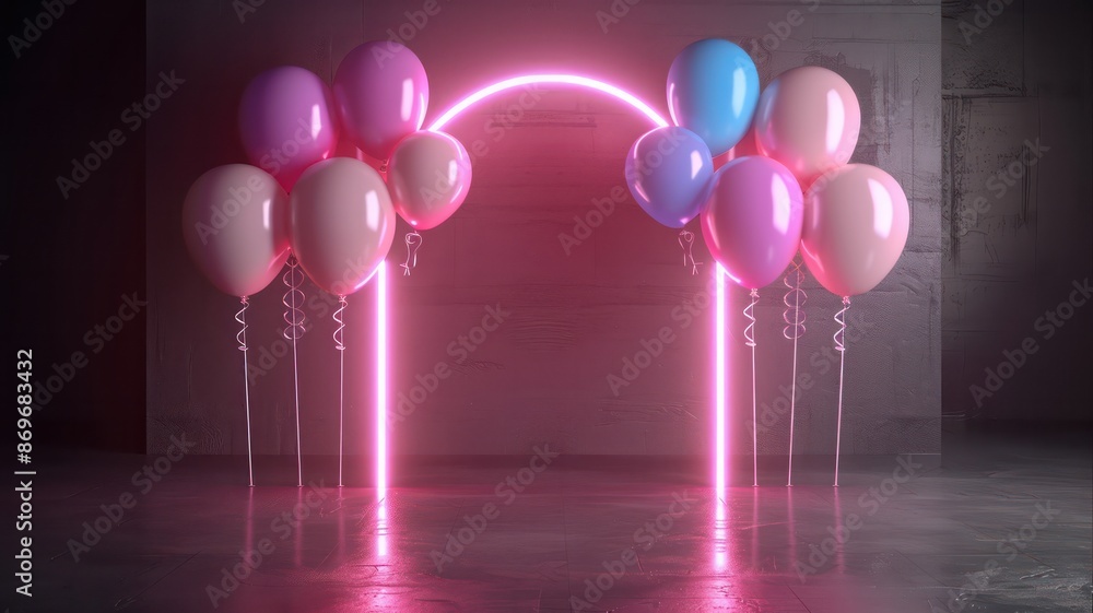 Poster a neon lighted archway with pink and blue balloons. the archway is lit up and the balloons are float