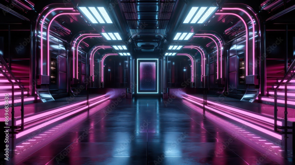 Poster a futuristic train station with neon lights and a glowing sign. the atmosphere is futuristic and mod