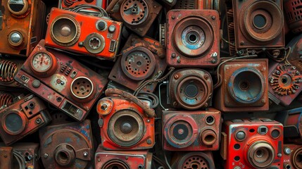 Fototapeta premium A collection of vintage, rusty speakers stacked together, showcasing nostalgic and industrial vibes with a mix of red and brown hues.