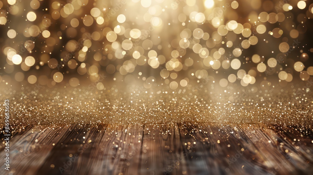 Poster a wooden floor with a lot of glitter on it. the glitter is scattered all over the floor, creating a 