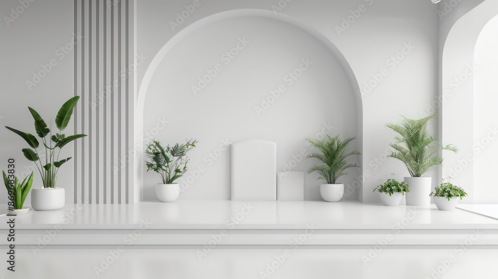 Poster a white room with a white archway and a white chair. there are several potted plants in the room, in