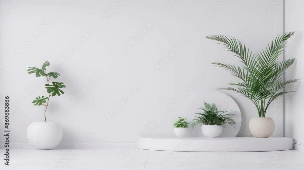 Poster a white room with a white wall and a white floor. there are three potted plants in the room, one of 