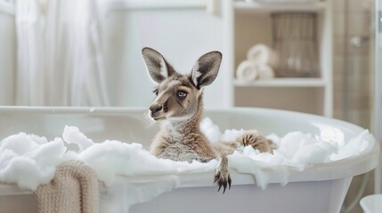 Kangaroo in Bathtub with Bubbles