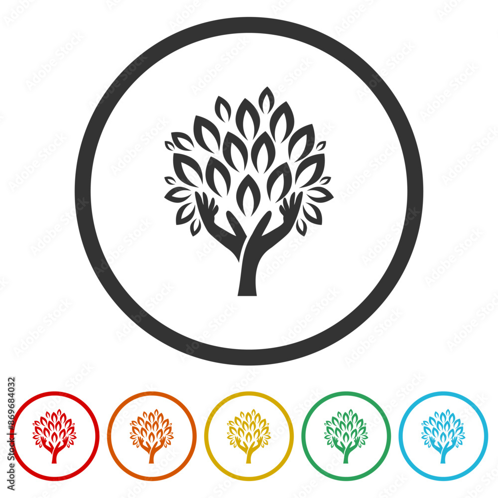Poster human hands and tree with green leaves icon. set icons in color circle buttons