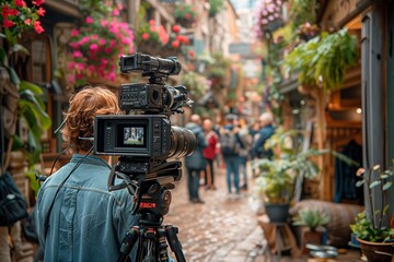 A Cameraman Films Tourists in a Flower-Filled European Alleyway