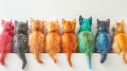 A group of kittens of different colors lined up and facing away, with their tails hanging down.