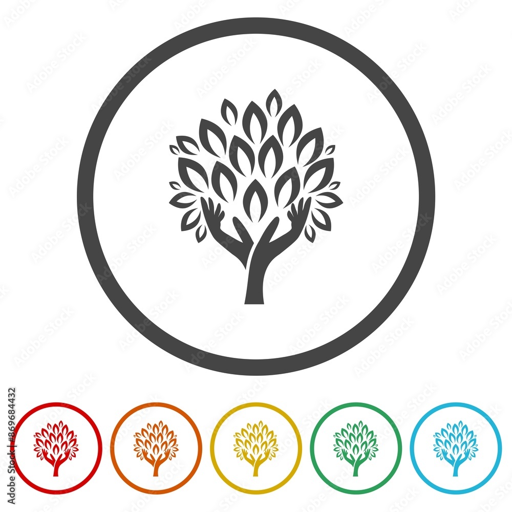 Poster human hands and tree with green leaves icon. set icons in color circle buttons