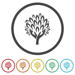 Naklejka premium Human hands and tree with green leaves icon. Set icons in color circle buttons