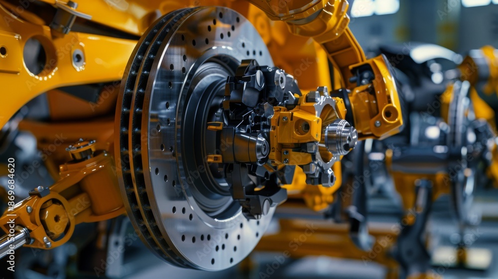 Poster A close-up shot of a brake rotor being installed on a car chassis in a factory setting. The robotic arm is visible, and the assembly line is blurred in the background.