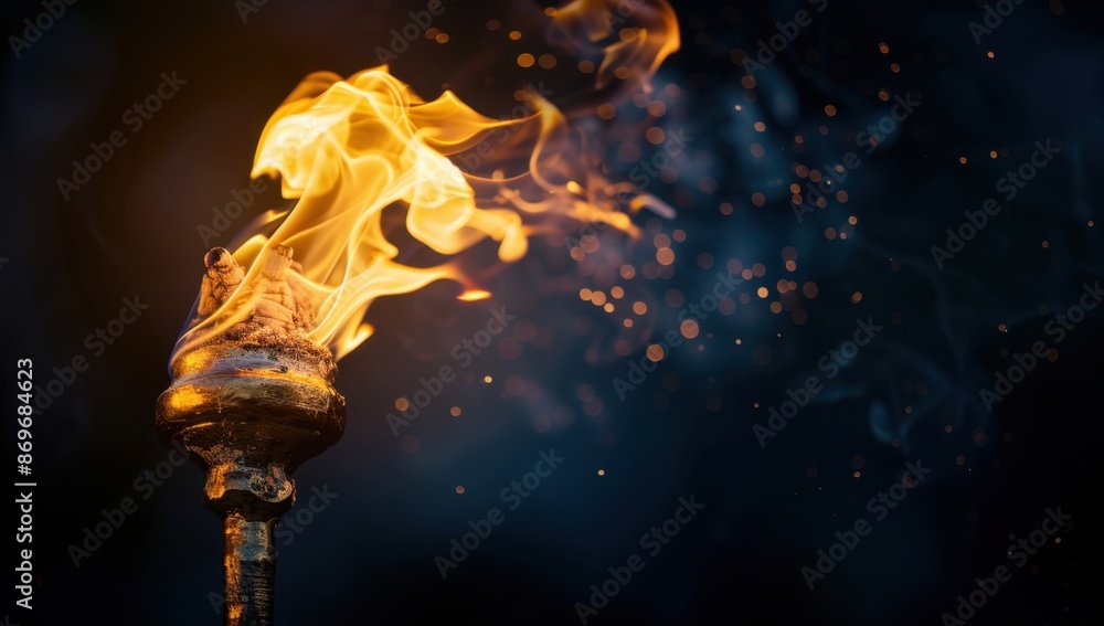 Poster close-up of burning torch with flame on black background, copy space concept a close up of an ancien