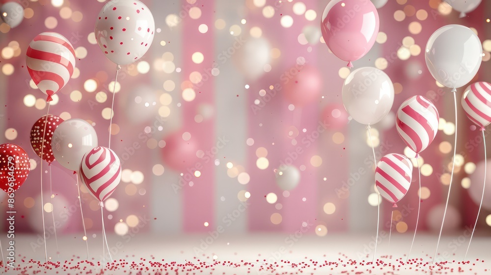Poster a pink and white background with many balloons. the balloons are scattered all over the background, 