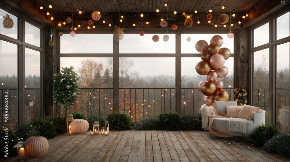 Poster a room with a view of the mountains and a chair with a blanket on it. the room is decorated with bal