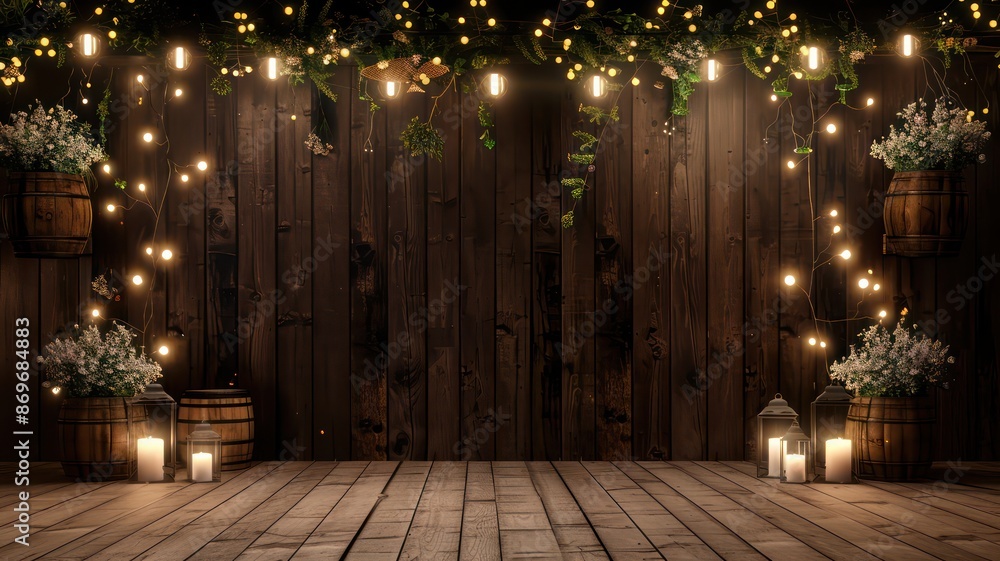 Poster a wooden room with a dark background and lights hanging from the ceiling. the room is empty and has 