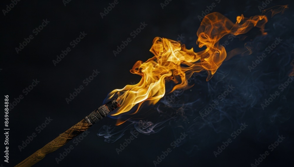 Aufkleber flaming torch on black background. image of burning wooden stick with fire and flame on isolated dar