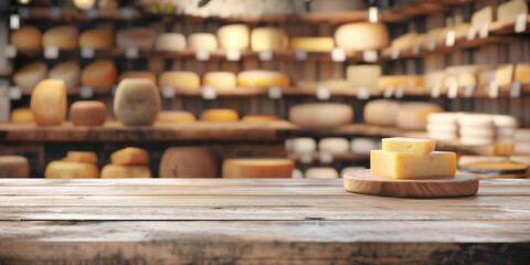 A piece of cheese on the right on an empty surface against the background of a cheese shop, advertising banner. Summer layout for design and product demonstration.