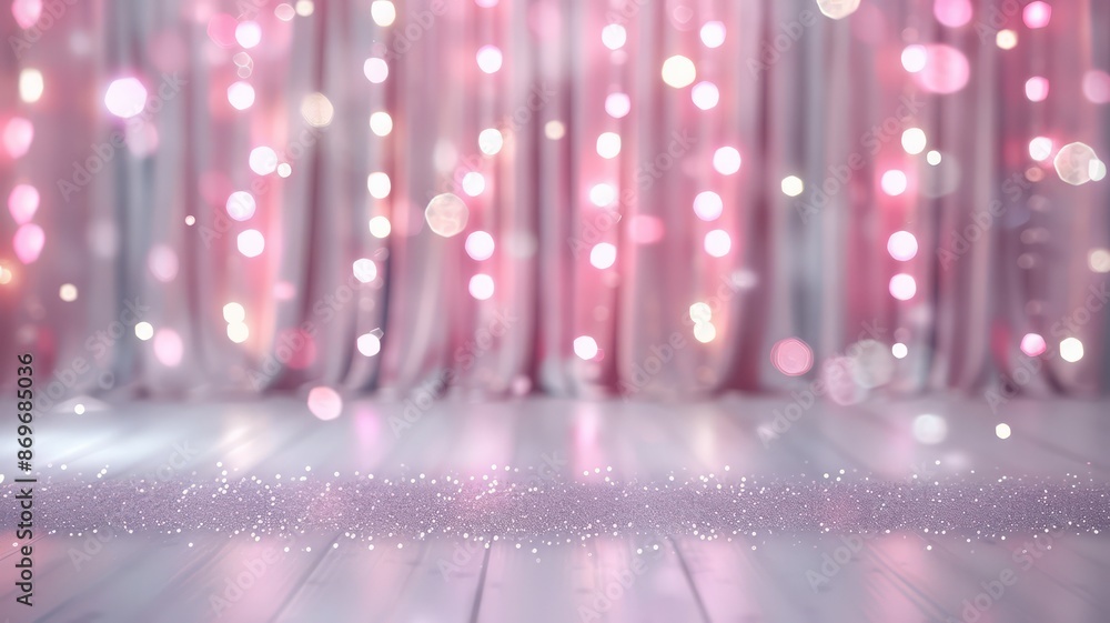 Poster a pink curtain with a white background and a lot of sparkles. the curtain is hanging from the ceilin
