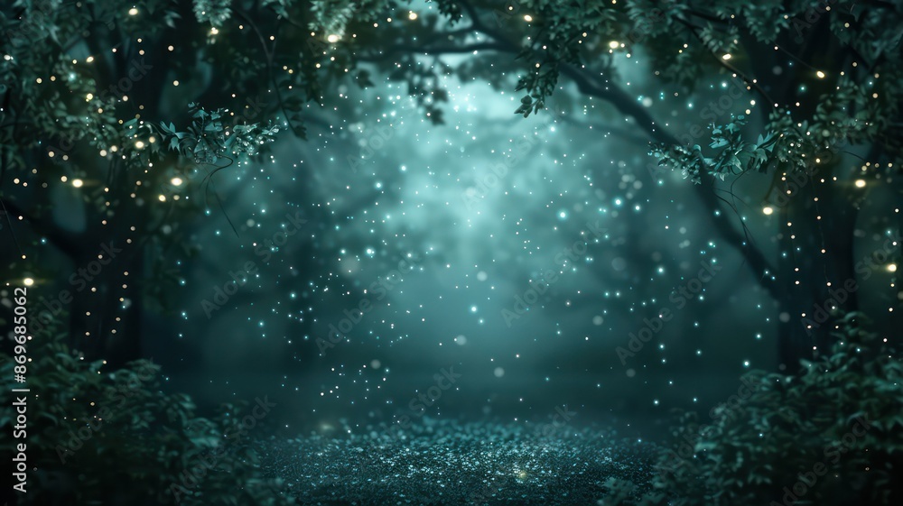 Poster a forest scene with a blue sky and a light rain. the trees are illuminated by the light of the stars
