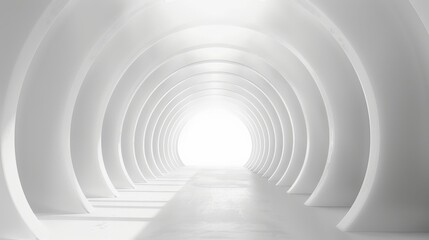 A futuristic, bright white tunnel with glowing lights. Clean lines and modern design in a sci-fi atmosphere.