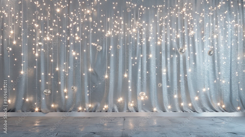 Poster A silver curtain with a starry pattern and a few small lights hanging from it