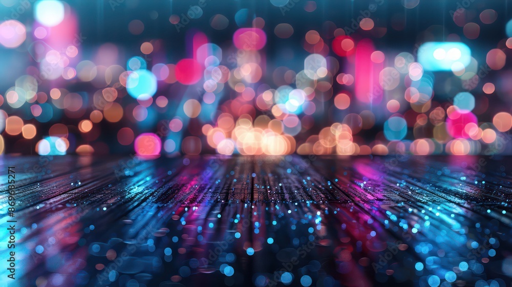 Poster a cityscape with a lot of lights and a blurry background. the lights are in different colors and the