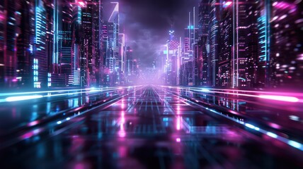 A cityscape with neon lights and a blurry background. The city is lit up in a neon color scheme, giving it a futuristic and otherworldly feel