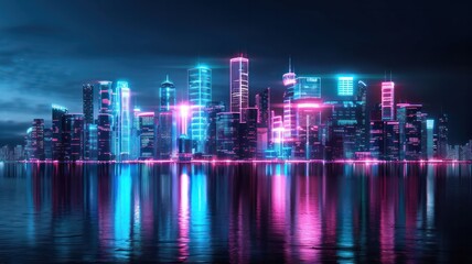 Fototapeta premium A city skyline is reflected in the water, with neon lights illuminating the buildings. Scene is vibrant and energetic, with the bright lights and the cityscape creating a sense of excitement