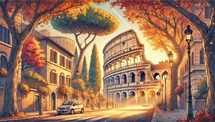 A scene in Rome, featuring Colosseum framed by trees with vibrant leaves and street bathed in golden sunlight