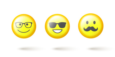 Fototapeta premium Set of facial emoticons 3d vector set. Emoji isolated on white background with shadow.