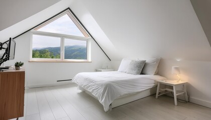 Serene attic bedroom with a view of the mountains