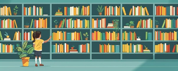 Illustration of a child reaching for a book on a large bookshelf filled with colorful books and plants in a cozy library setting.