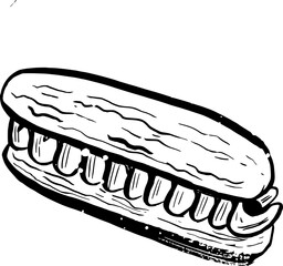 Drawing of pastry products, desserts. Food menu design template. Hand drawn sketch vector illustration. Eclair
