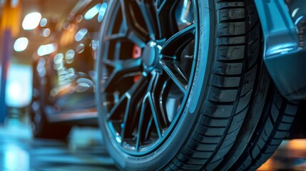Close-up of black car wheel and tire displaying detailed alloy design and deep tread pattern. Emphasizes the importance of quality tires for top performance.