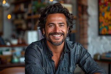Obraz premium Portrait of a Smiling Man With Curly Hair in a Casual Blue Shirt