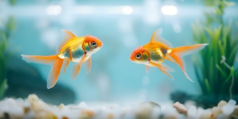 Fototapeta premium Two goldfish swimming in a well-maintained aquarium with aquatic plants and light. Concept Aquarium, Goldfish, Aquatic plants, Underwater, Lighting