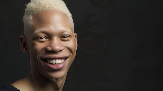 studio portrait of albino African American man with. striking studio portrait of an albino african american man. Profile portrait of fashionable African American albino model.