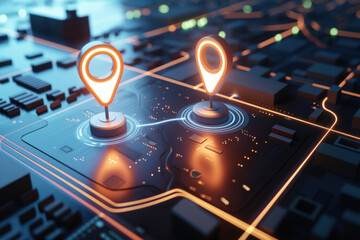 Fototapeta premium Abstract digital city map with glowing navigation pins, representing GPS or location tracking technology in a futuristic urban environment.