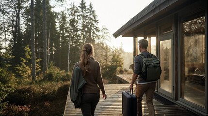 Couple arriving at rustic cabin vacation rental in forest setting