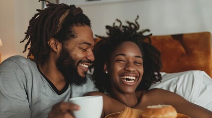 Obraz premium Romantic couple enjoying breakfast in bed, their happiness and love evident as they share this intimate morning routine