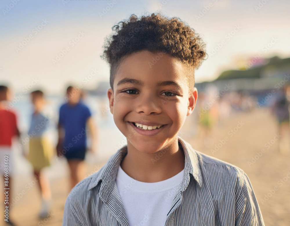 Wall mural happy boy enjoying summer at the beach.