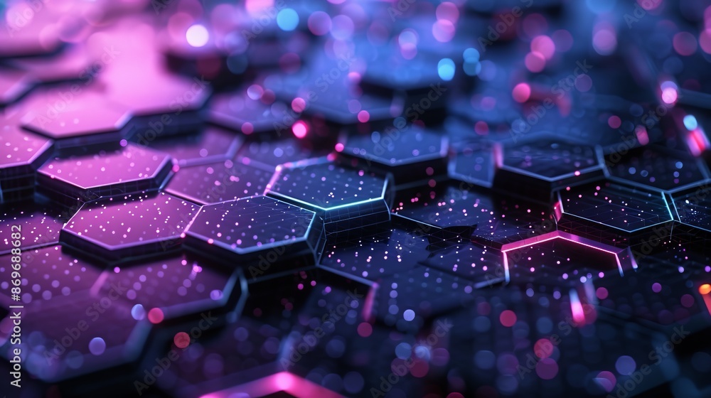 Fototapete Abstract futuristic close-up of hexagonal patterns with neon lights in purple and blue shades. This modern digital art image is perfect for technology backgrounds, 