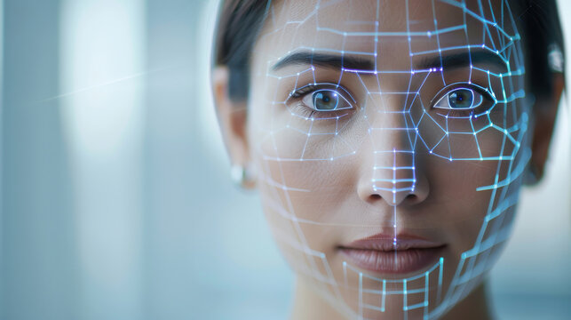 Close-up of a woman's face with digital interface overlay, representing artificial intelligence, technology, and human-machine integration.