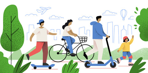 Man rides skateboard and kick scooter. Woman rides bicycle in city. Flat minimal © bioraven