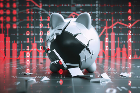 Broken piggy bank among digital binary code on a stock market background depicts financial crisis and data breach concept.