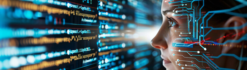 Obraz premium Human and Machine Interface with Digital Data Streams and Circuits