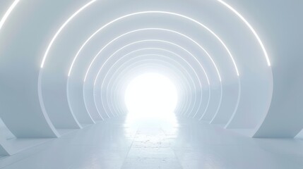 Fototapeta premium A futuristic, bright white tunnel with glowing lights. Clean lines and modern design in a sci-fi atmosphere.