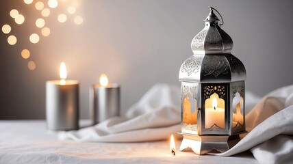 ornamental silver moroccan arabic lantern on white background 