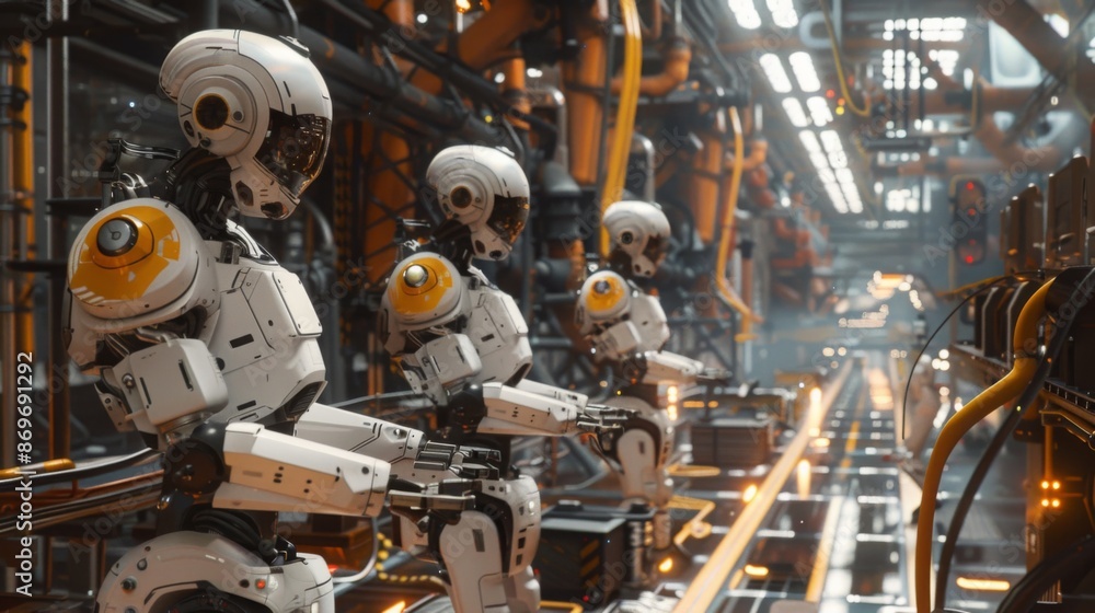 Aufkleber A line of robots working on an assembly line in a futuristic factory.