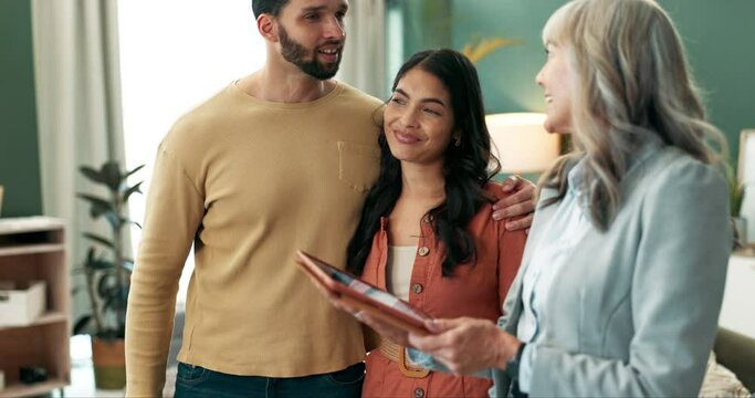 Couple, home and real estate agent with tablet in discussion for moving, opportunity and planning. Man, women and realtor with tech in consultation for rent, choice and property investment option